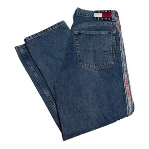 Vinatge 90s Tommy Jeans Spell Out Logo Flag Patch Jeans Mens 33x30 (Fit 32x29.5)